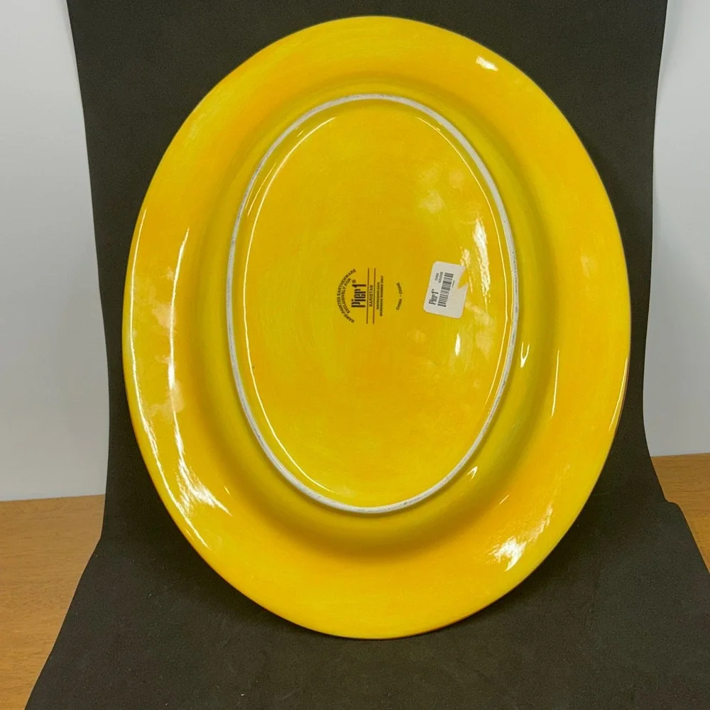 Pier 1 Karistan Hand Painted Earthenware Oval Serving Platter Yellow 16 Inch